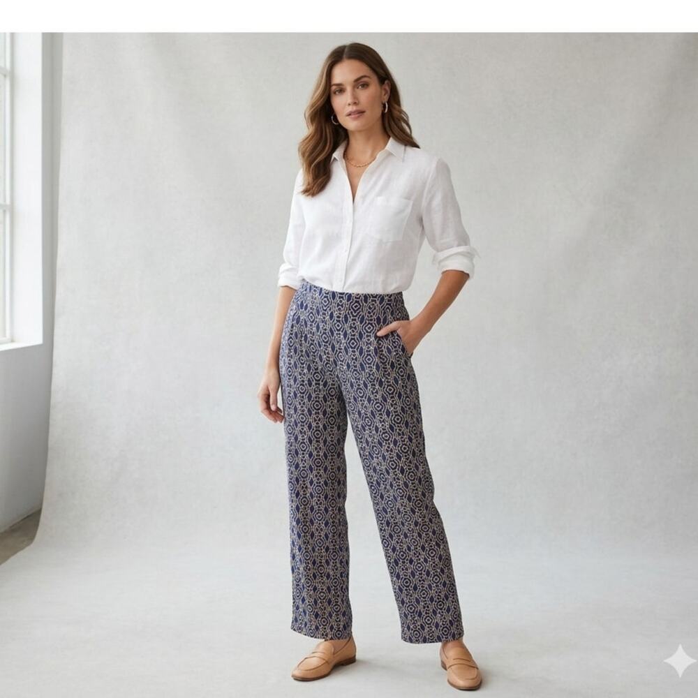 J.McLaughlin Silk Blend Geometric Wide Leg Pull On Pants Navy Tan Quiet Luxury 8